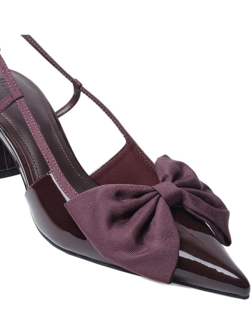 Womens Burgundy Bow Pointed Toe Pump 2.8" Thick Chunky Buckle Strap Mid Low Heel - Picture 6 of 6